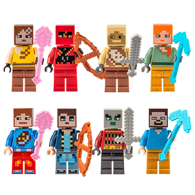 Set of LEGO figurines with various weapons on a white background.
