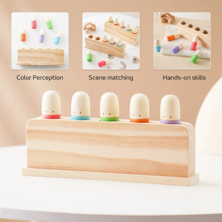 Wooden educational toy with colorful beads and wooden blocks on a beige background.