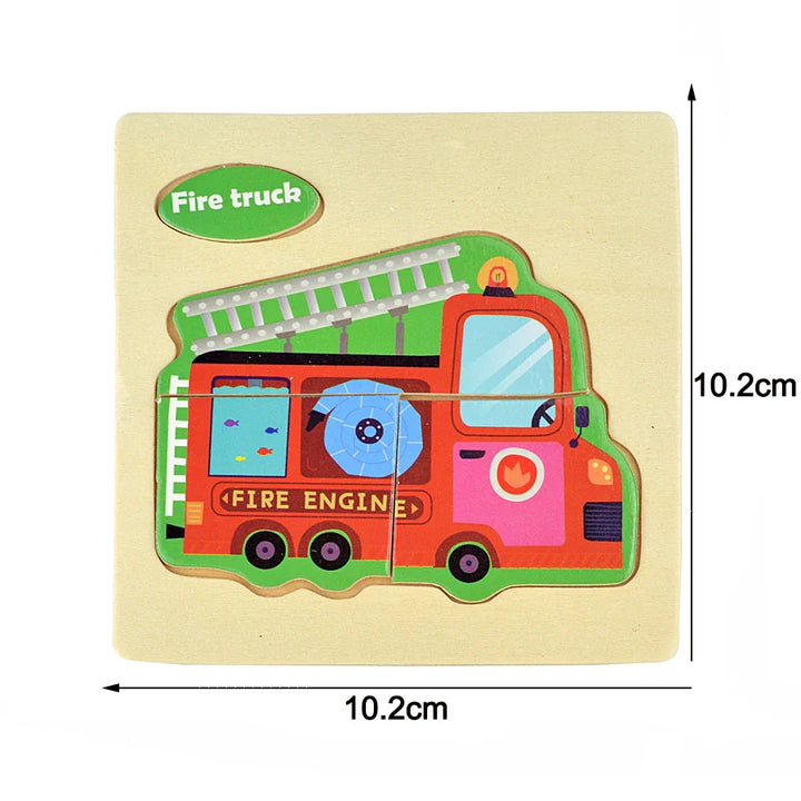Wooden fire truck puzzle with dimensions on a beige background.
