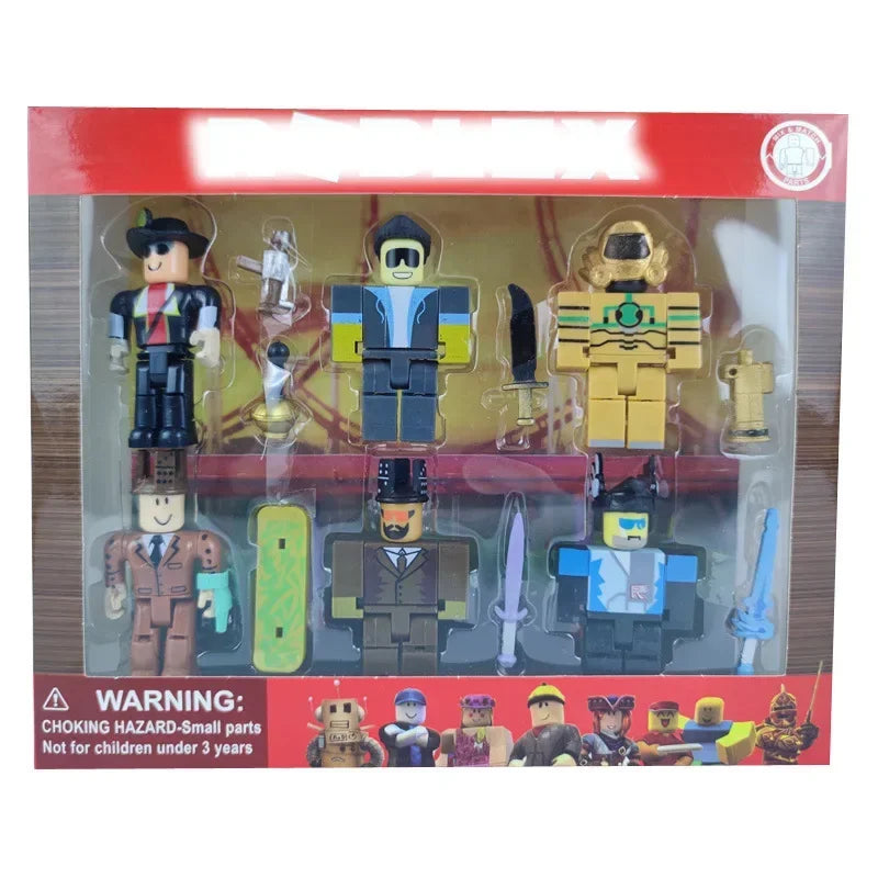 Set of toy figures in packaging with a warning label on a white background.