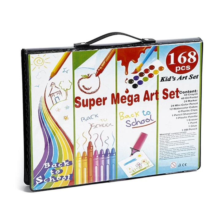 Super Mega Art Set packaging with illustrations and text on a white background.