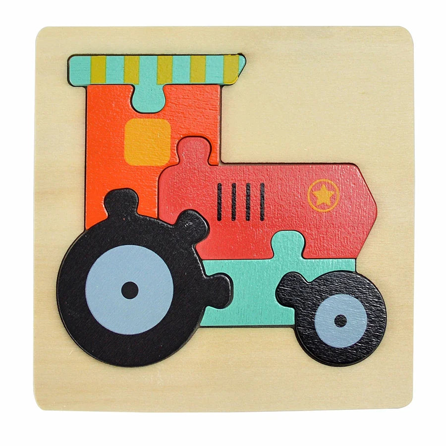 Colorful wooden tractor puzzle on a beige background.