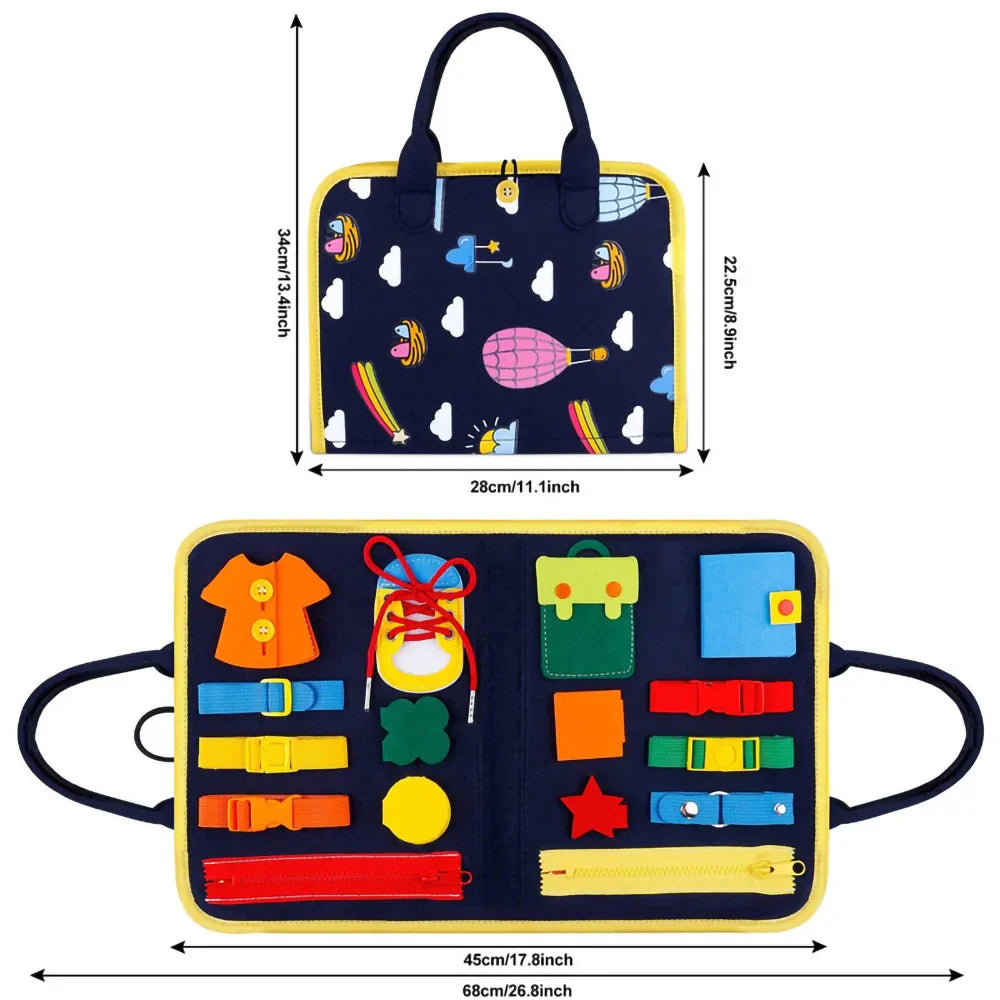 Children's activity mat with colorful objects and measurements on a white background.