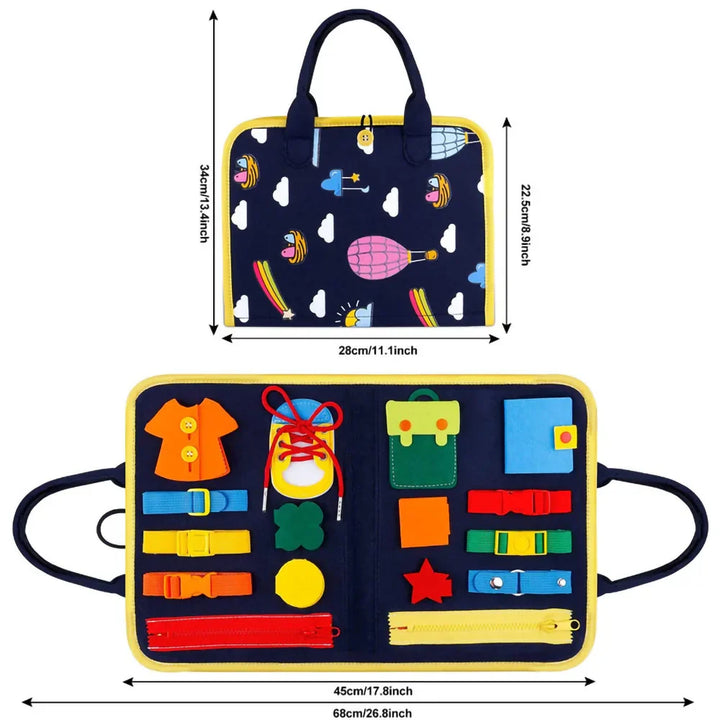 Children's activity mat with colorful objects and measurements on a white background.