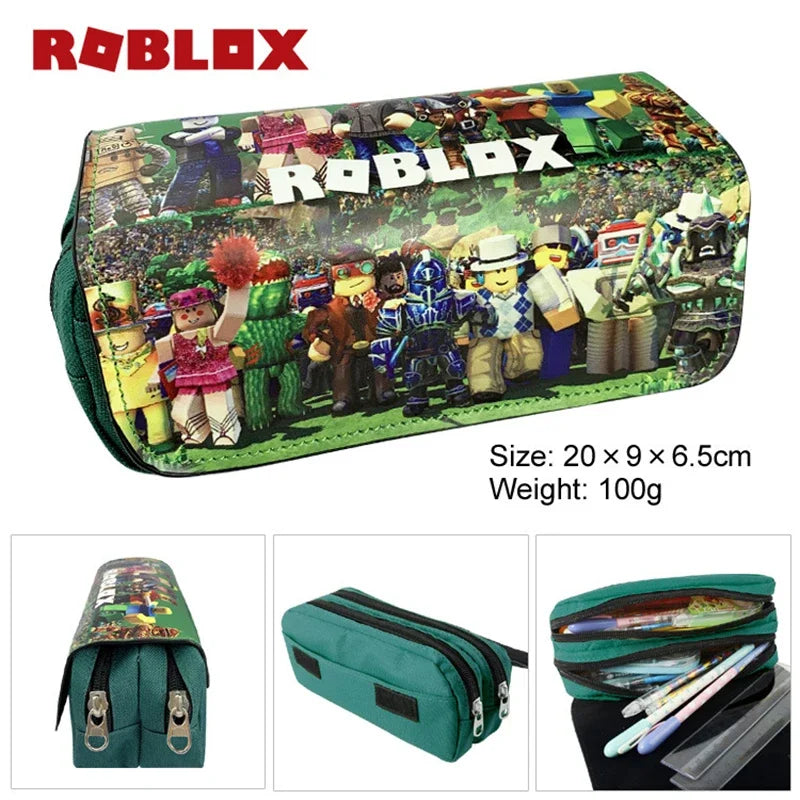 Pencil case with Roblox characters and branding, showing size and weight information.
