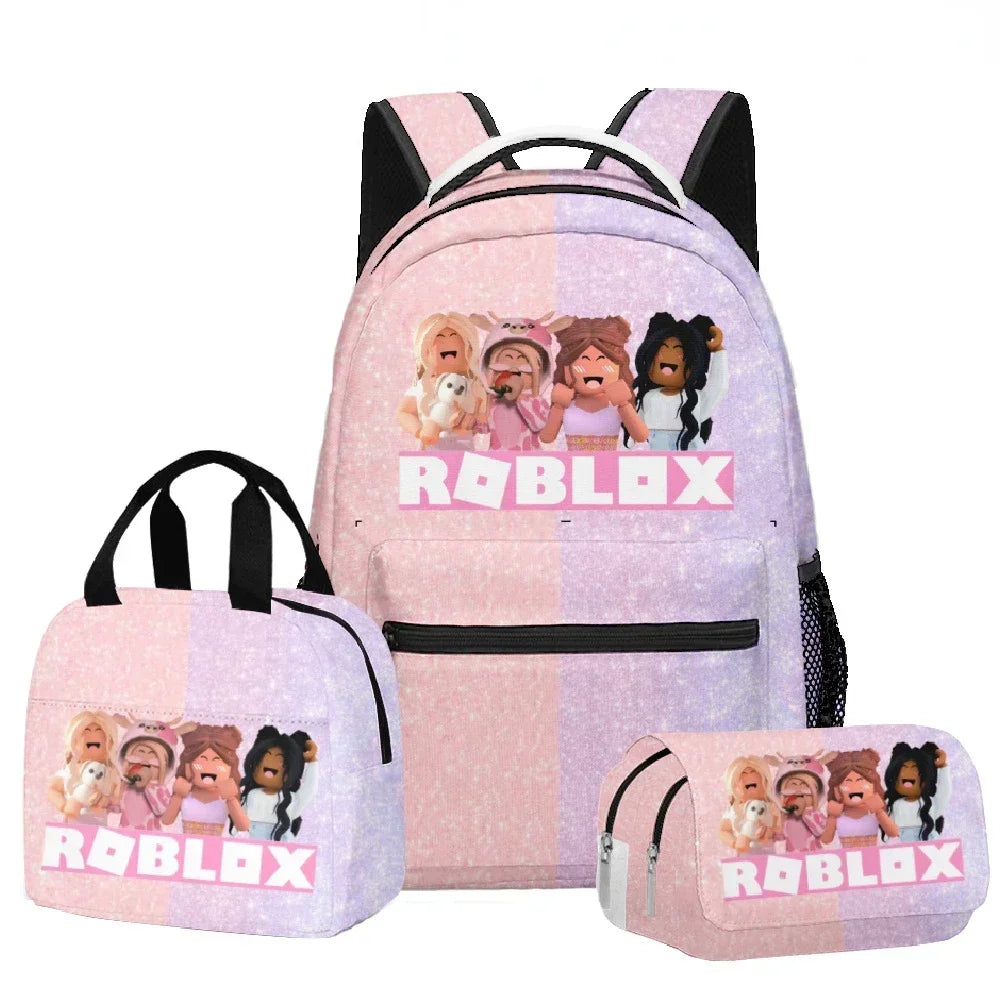 Backpack, lunch bag, and pencil case with Roblox characters and text on a white background.
