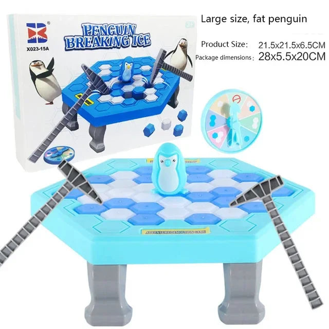 Penguin breaking ice toy with packaging and product dimensions displayed.