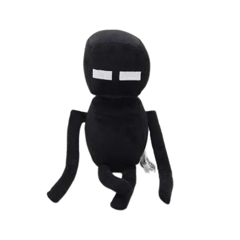 Black plush toy with white eyes on a white background.