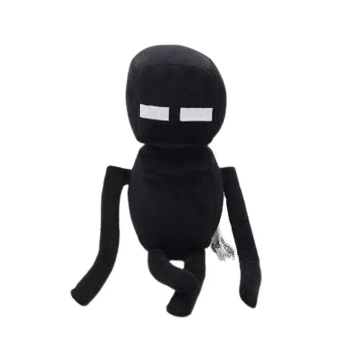 Black plush toy with white eyes on a white background.