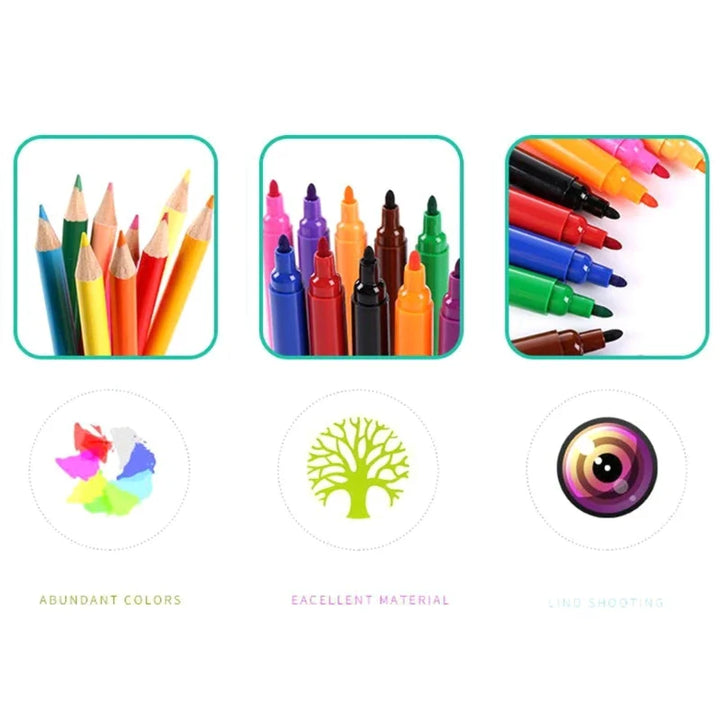 Colorful markers, crayons, and pencils with icons and text on a white background.