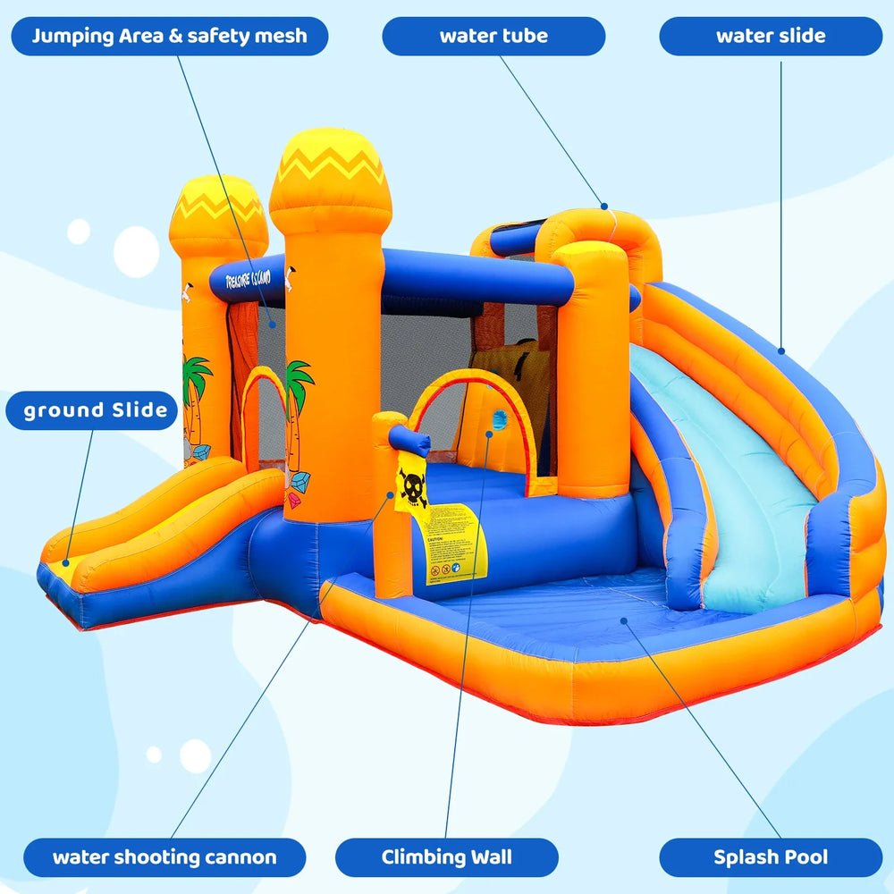 Inflatable playground structure with labeled features on a light blue background.
