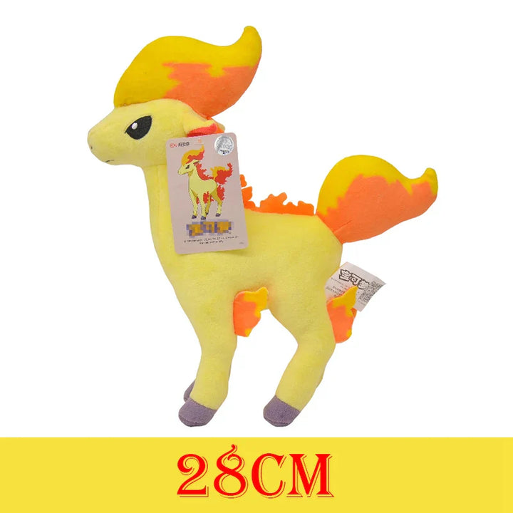 Plush toy resembling a dragon with fiery tail on a white background, featuring a brand tag.
