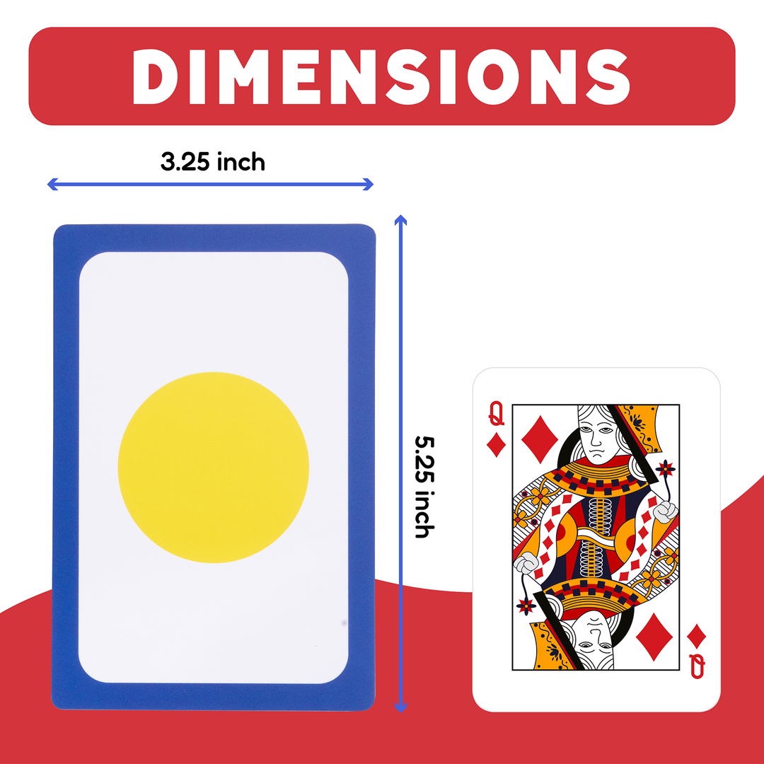 Playing cards with dimensions labeled on a red background.