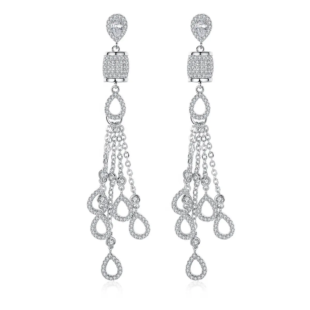 Shimmer Chandelier Earrings - Rhodium Plated 925 Silver Tassel Drop 7.5cm