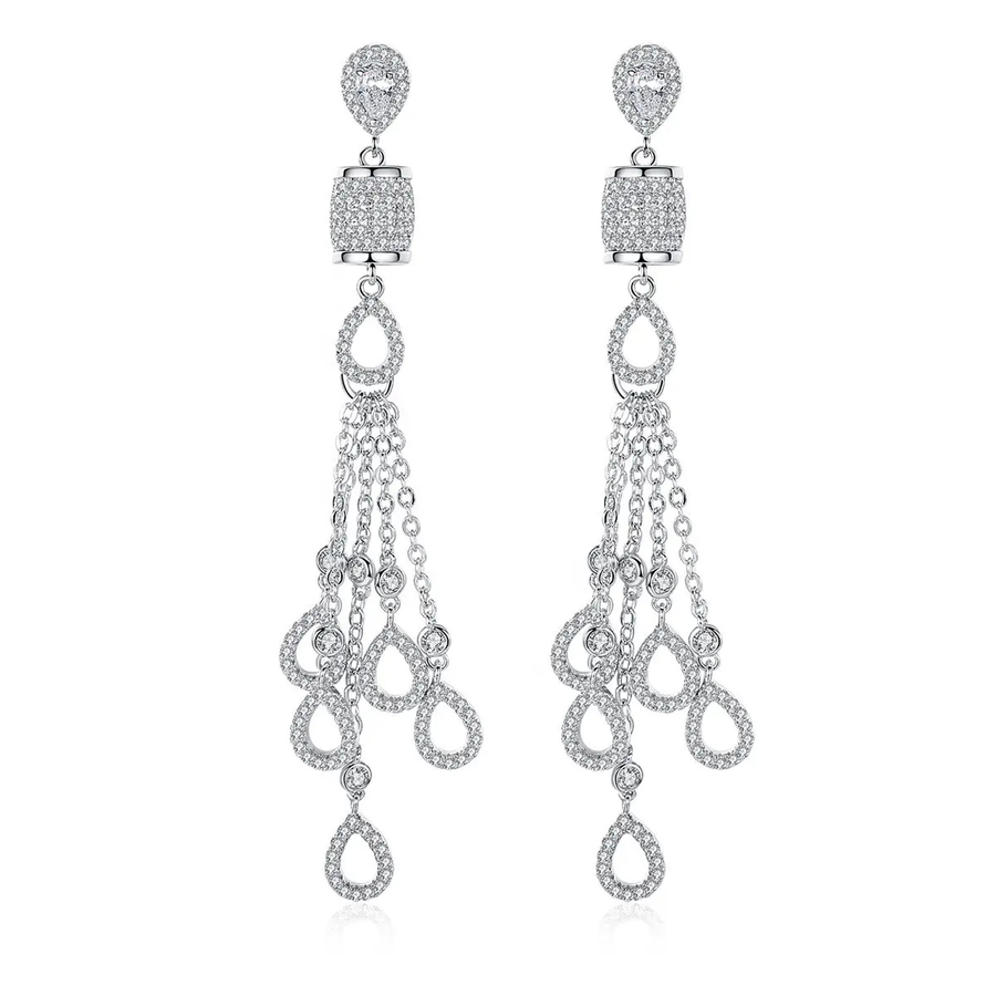 Shimmer Chandelier Earrings - Rhodium Plated 925 Silver Tassel Drop 7.5cm