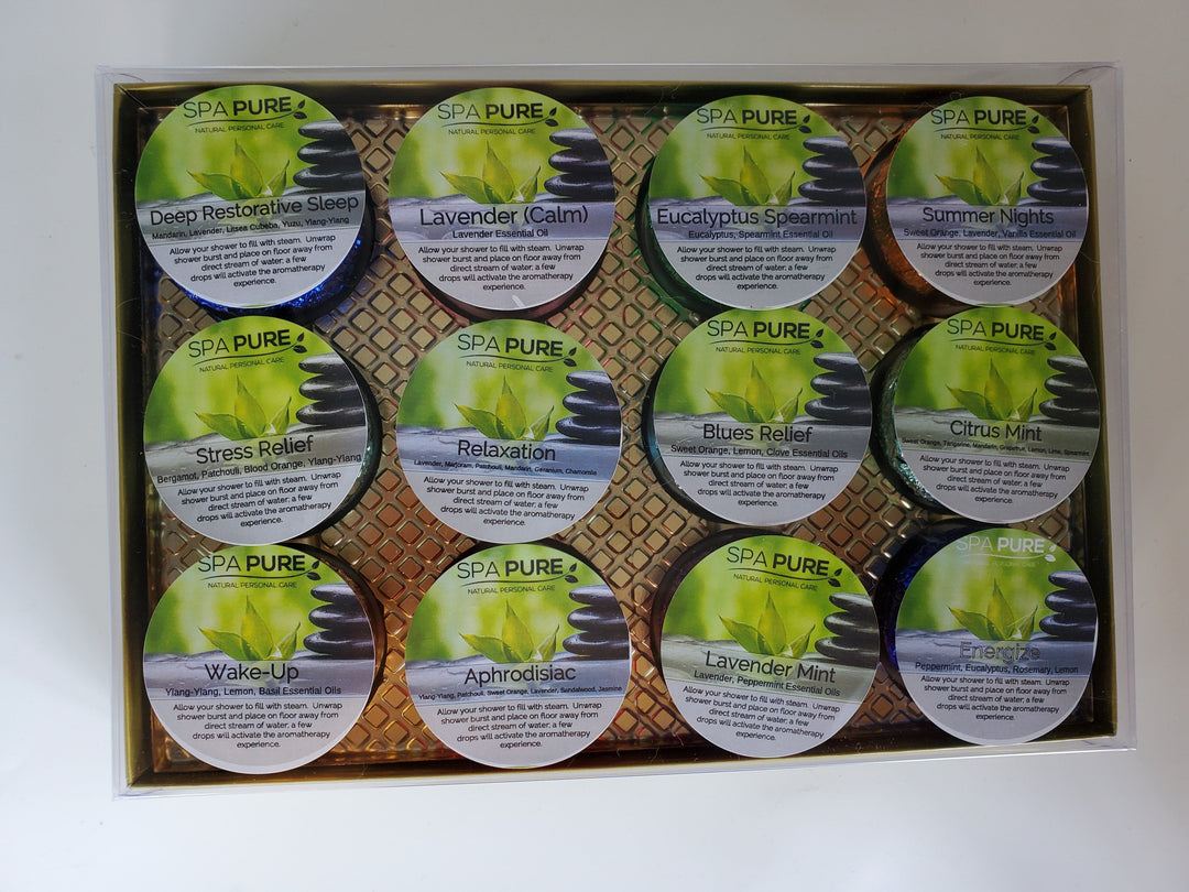 Gift Set with 12 Aromatherapy Shower Bombs - 100% Essential Oil Blends - Foil Wrapped 1.6 oz. Each