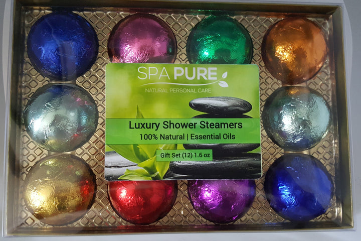 Gift Set with 12 Aromatherapy Shower Bombs - 100% Essential Oil Blends - Foil Wrapped 1.6 oz. Each