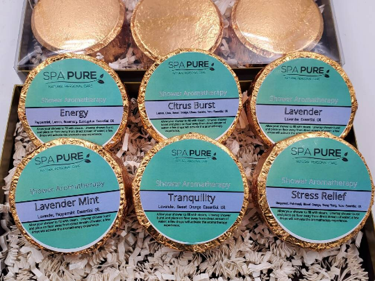 Gift Set with 6 Aromatherapy Shower Tablets - Best Sellers - Gold - 100% Essential Oil Blends