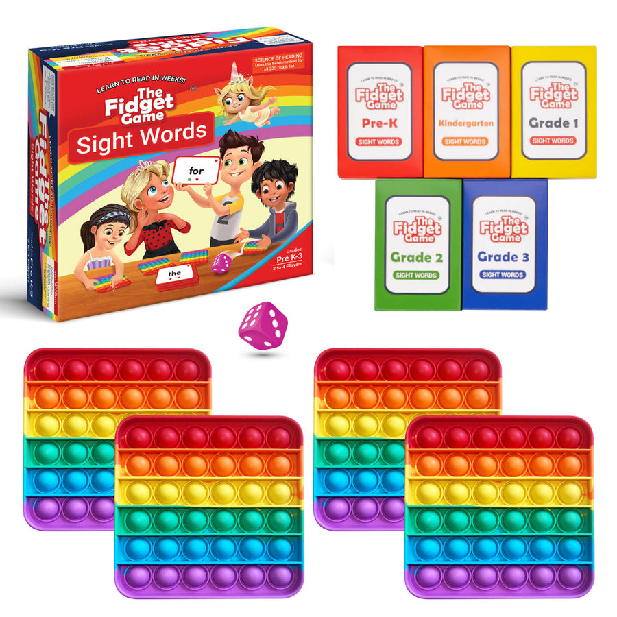 Fidget game set with colorful pop it toys and sight words cards on a white background.