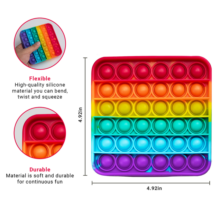 Colorful pop it fidget toy with dimensions and material properties on a white background.