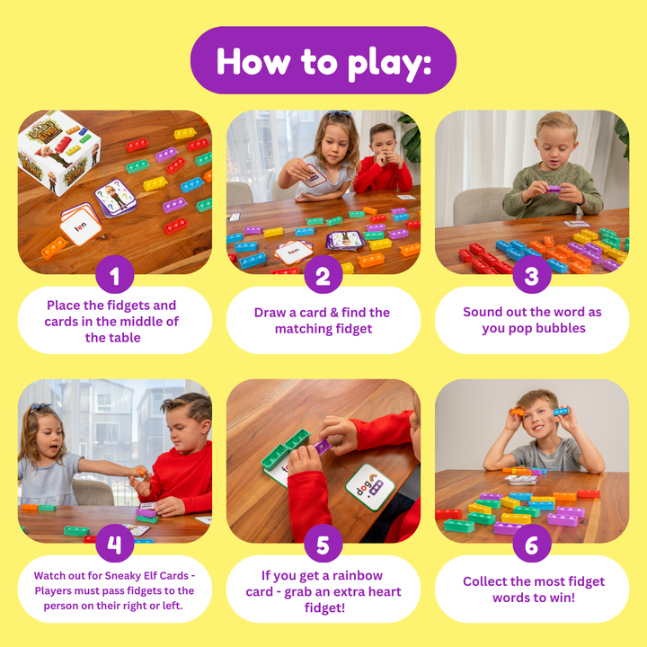 Instructions on how to play a game with colorful fidgets and cards on a yellow background.