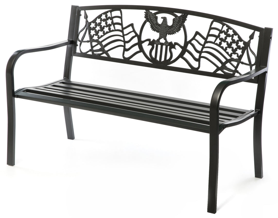 Steel Outdoor Patio Garden Park Seating Bench with Cast Iron "Patriotic American Flag and Eagle" Backrest, Front Porch Yard Bench Lawn Decor