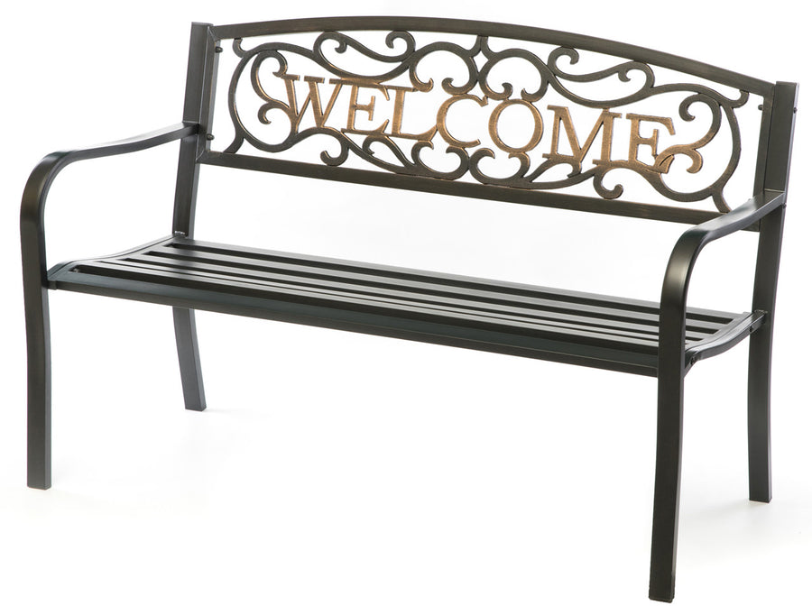 Steel Outdoor Patio Garden Park Seating Bench with Cast Iron "Welcome" Backrest, Front Porch Yard Bench Lawn Decor