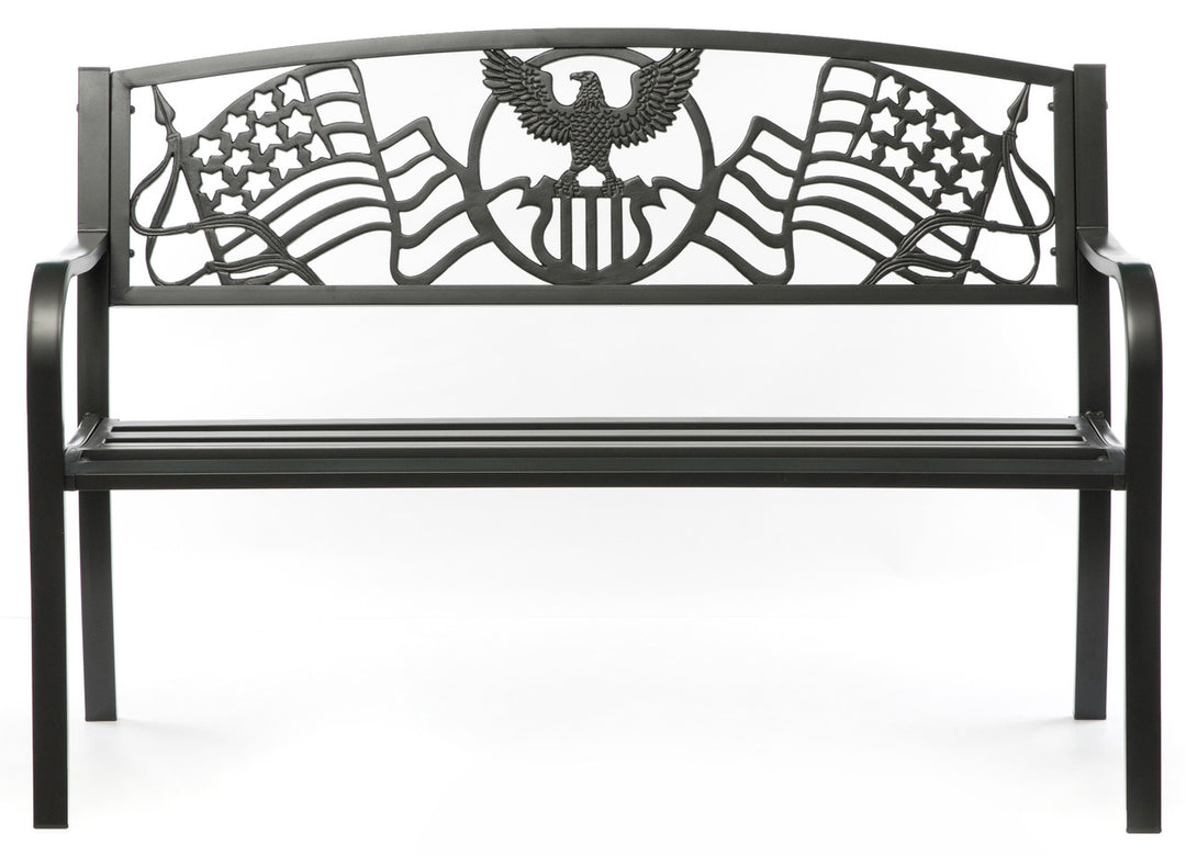 Steel Outdoor Patio Garden Park Seating Bench with Cast Iron "Patriotic American Flag and Eagle" Backrest, Front Porch Yard Bench Lawn Decor Front