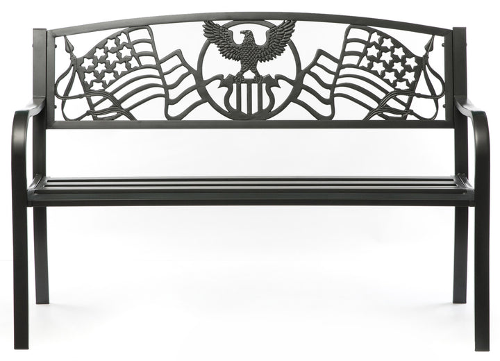 Steel Outdoor Patio Garden Park Seating Bench with Cast Iron "Patriotic American Flag and Eagle" Backrest, Front Porch Yard Bench Lawn Decor Front