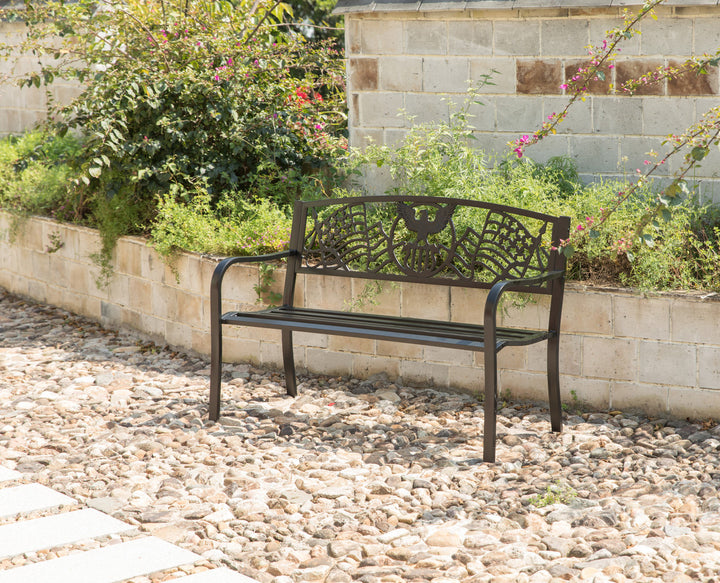 Steel Outdoor Patio Garden Park Seating Bench with Cast Iron "Patriotic American Flag and Eagle" Backrest, Front Porch Yard Bench Lawn Decor Left Angle