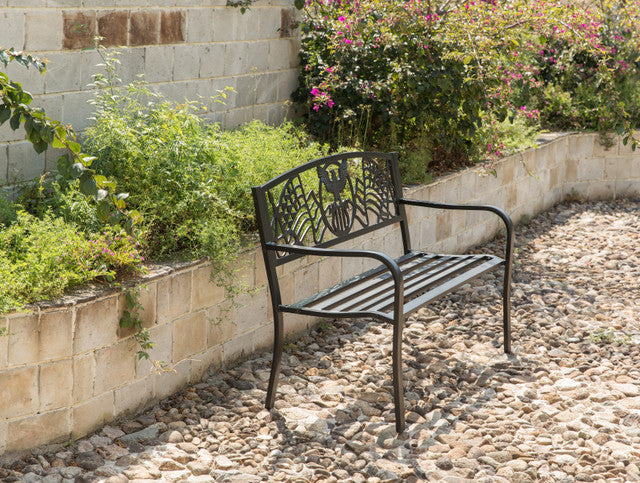 Steel Outdoor Patio Garden Park Seating Bench with Cast Iron "Patriotic American Flag and Eagle" Backrest, Front Porch Yard Bench Lawn Decor Right Angle
