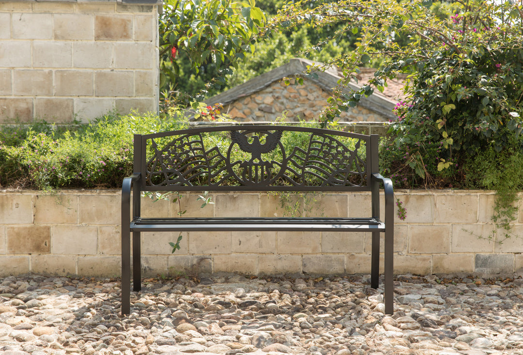 Steel Outdoor Patio Garden Park Seating Bench with Cast Iron "Patriotic American Flag and Eagle" Backrest, Front Porch Yard Bench Lawn Decor Front with Background