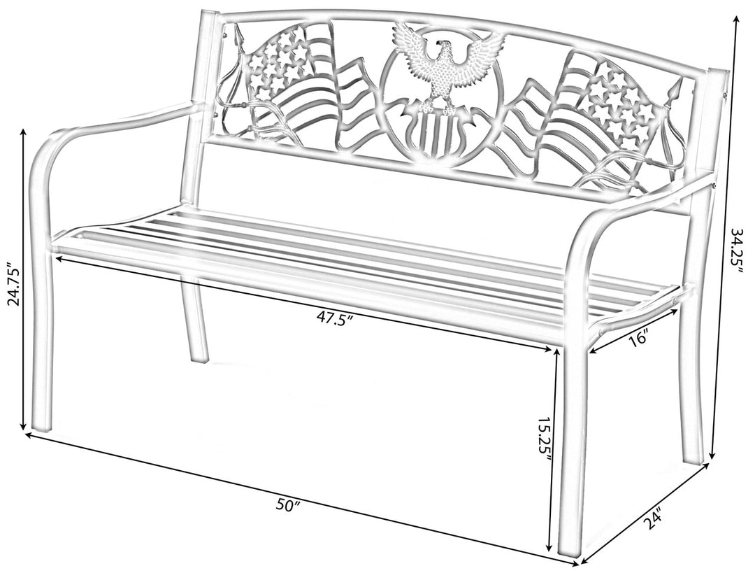 Steel Outdoor Patio Garden Park Seating Bench with Cast Iron "Patriotic American Flag and Eagle" Backrest, Front Porch Yard Bench Lawn Decor Dimensions