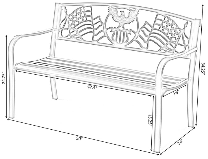 Steel Outdoor Patio Garden Park Seating Bench with Cast Iron "Patriotic American Flag and Eagle" Backrest, Front Porch Yard Bench Lawn Decor Dimensions