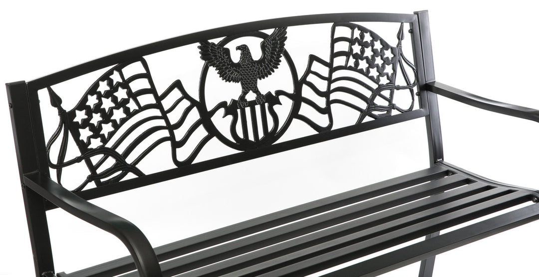 Steel Outdoor Patio Garden Park Seating Bench with Cast Iron "Patriotic American Flag and Eagle" Backrest, Front Porch Yard Bench Lawn Decor Zoomed In.