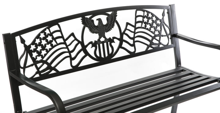 Steel Outdoor Patio Garden Park Seating Bench with Cast Iron "Patriotic American Flag and Eagle" Backrest, Front Porch Yard Bench Lawn Decor Zoomed In.