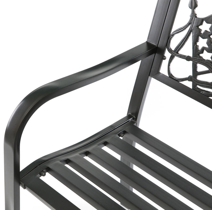 Steel Outdoor Patio Garden Park Seating Bench with Cast Iron "Patriotic American Flag and Eagle" Backrest, Front Porch Yard Bench Lawn Decor Zoomed Corner