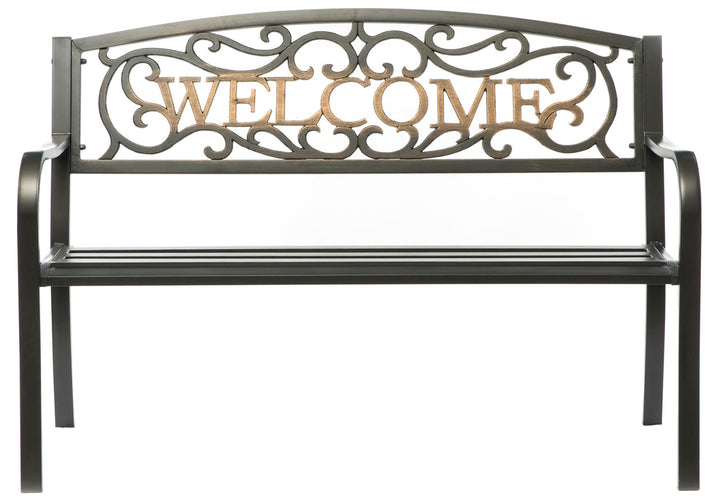 Steel Outdoor Patio Garden Park Seating Bench with Cast Iron "Welcome" Backrest, Front Porch Yard Bench Lawn Decor Front View
