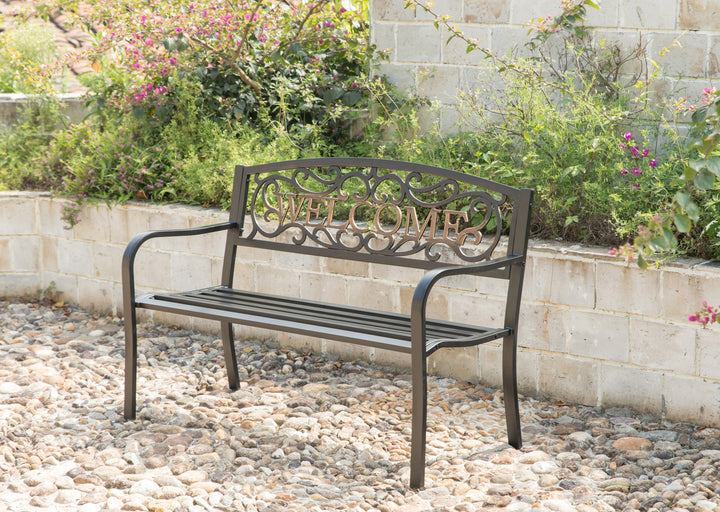 Steel Outdoor Patio Garden Park Seating Bench with Cast Iron "Welcome" Backrest, Front Porch Yard Bench Lawn Decor Left Angle