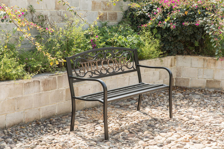 Steel Outdoor Patio Garden Park Seating Bench with Cast Iron "Welcome" Backrest, Front Porch Yard Bench Lawn Decor Right Angle