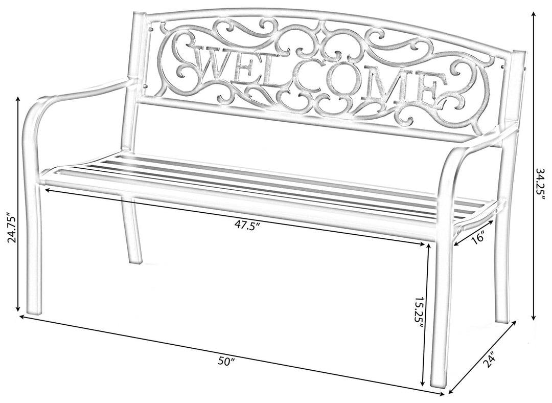 Steel Outdoor Patio Garden Park Seating Bench with Cast Iron "Welcome" Backrest, Front Porch Yard Bench Lawn Decor Dimensions