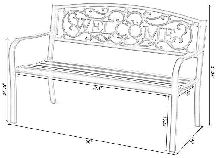 Steel Outdoor Patio Garden Park Seating Bench with Cast Iron "Welcome" Backrest, Front Porch Yard Bench Lawn Decor Dimensions