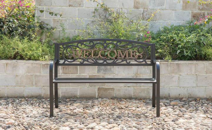 Steel Outdoor Patio Garden Park Seating Bench with Cast Iron "Welcome" Backrest, Front Porch Yard Bench Lawn Decor Front Outside View