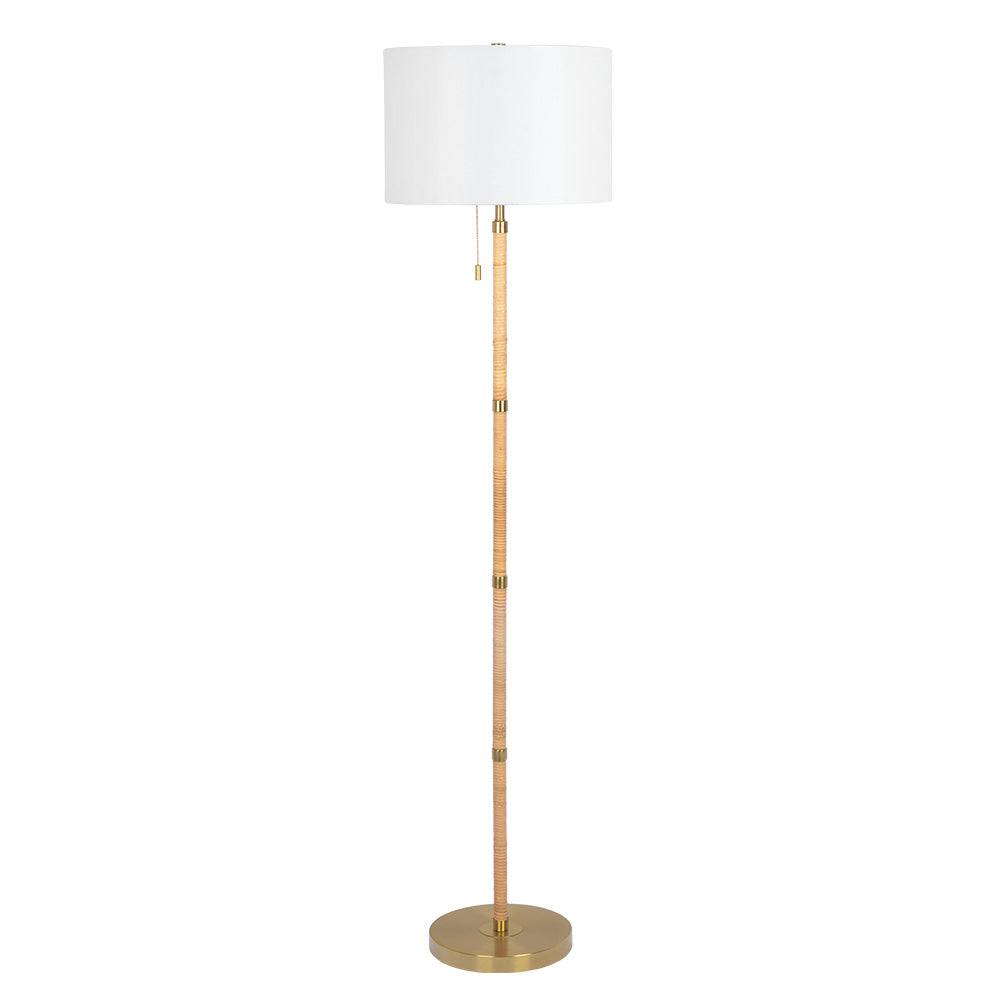 Stellar Wood Rattan Tube, Gold Brass Metal and White Linen Shade Floor Lamp