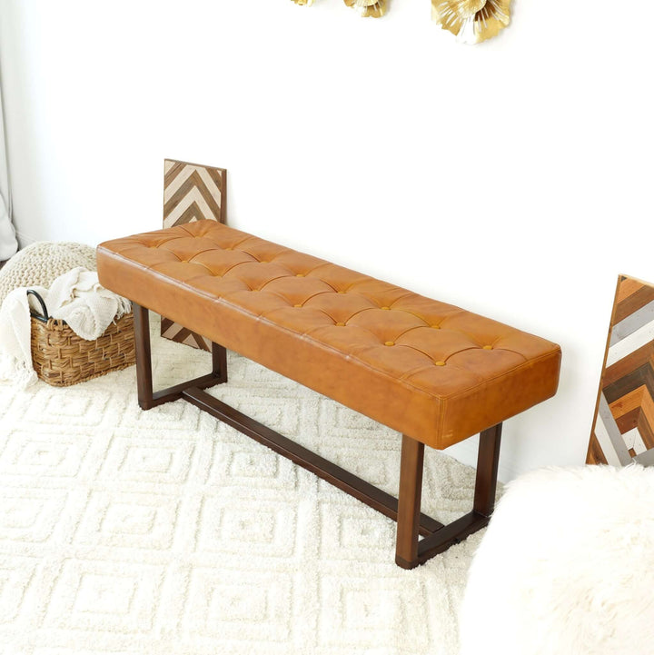 Cameron Tan Leather Bench Left Angle in White Room