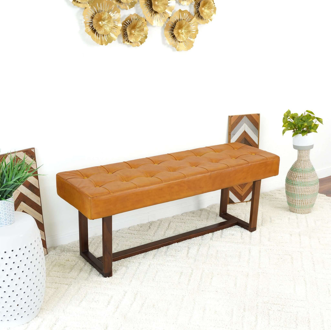 Cameron Tan Leather Bench Right Angle in Room