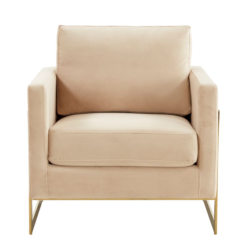 Beige armchair with gold legs on a white background.