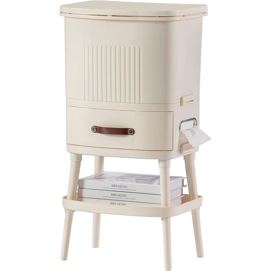 8 Gallon Elevated Trash Kitchen Can with Lid and Storage Shelf in Cream
