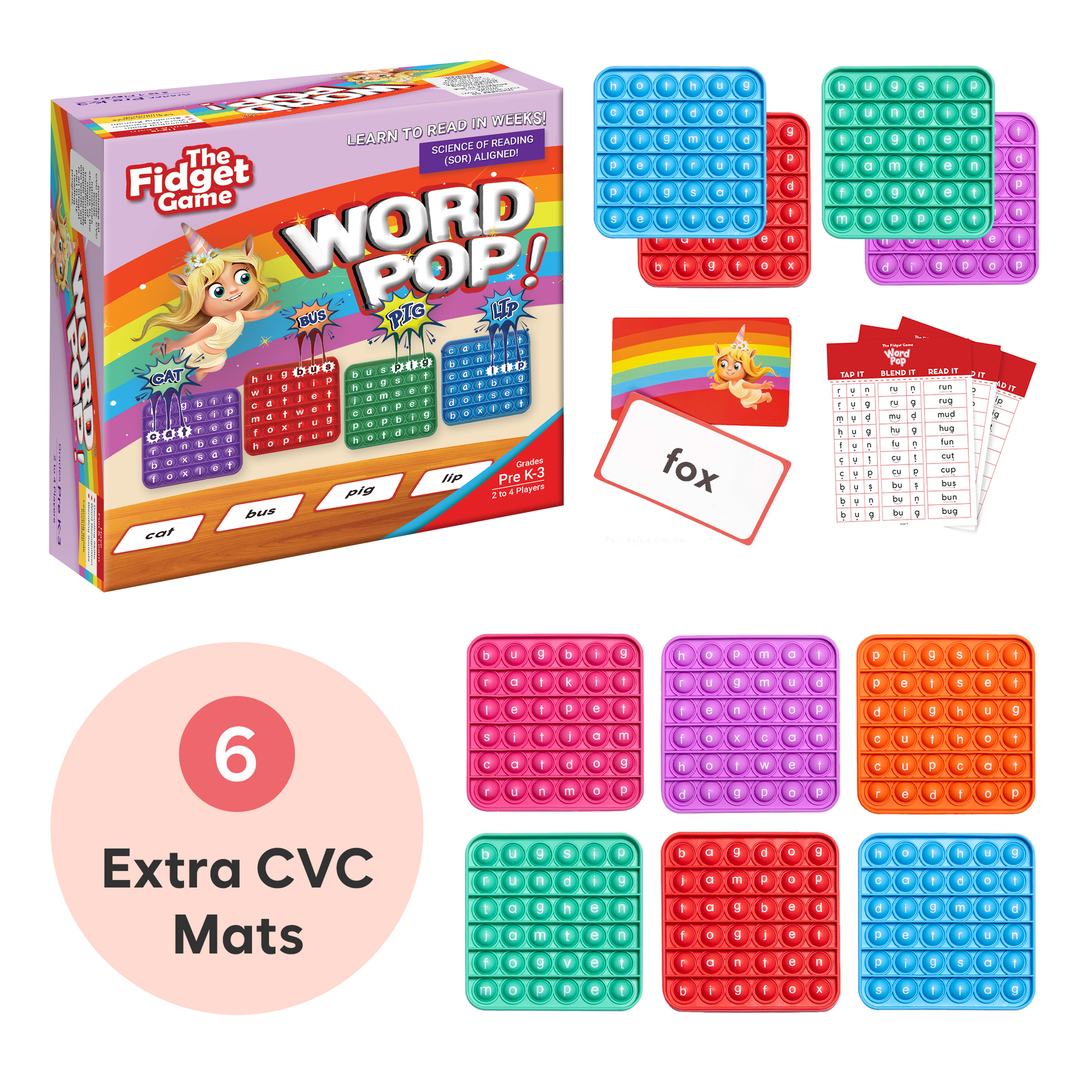 Fidget game set with colorful mats and cards on a white background.