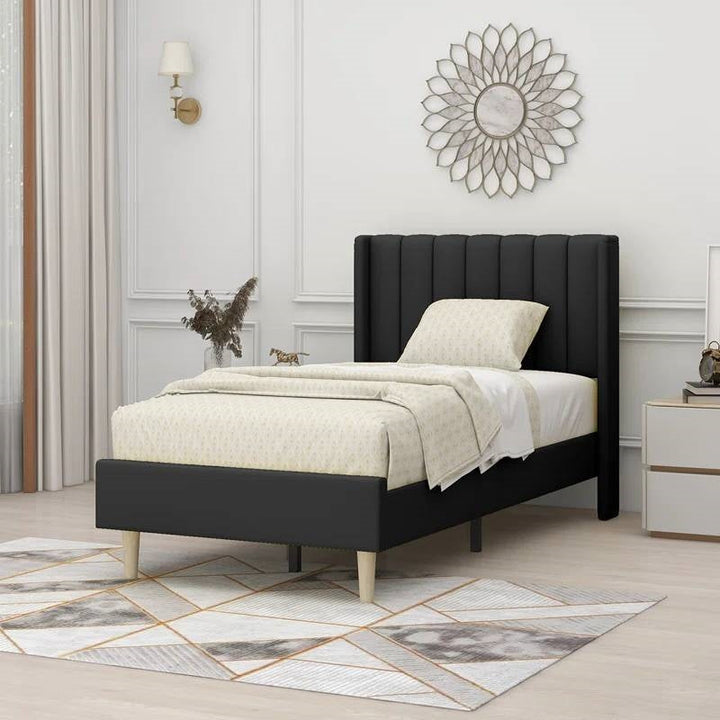 Twin Size Mid-Century Black Linen Platform Bed Frame with Upholstered Headboard